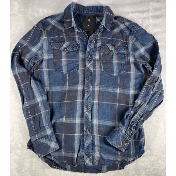 G Star Raw 3301 Slim Fit Blue Plaid Long Sleeve Snap Button Shirt Small - Picture 1 of 9